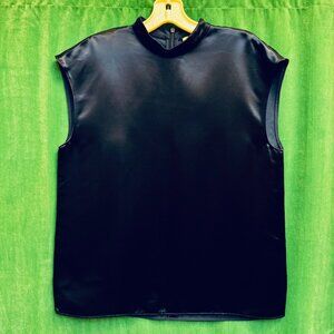 TIBI Satin Mock Neck Navy Blue Sleeveless Top Small